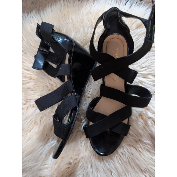 Liz Claiborne  9M "Nest" Strappy Black Patent Leather Wedge Strappy Heel 2.75" - Picture 2 of 10